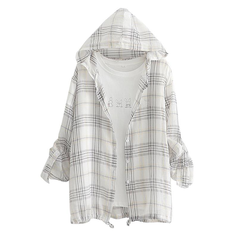 

Women's Jackets Sunscreen Clothing Summer Loose Casual Cotton Yarn Plaid Coat Girl Student Thin Hooded Short Jacket Outerwear, Black;brown