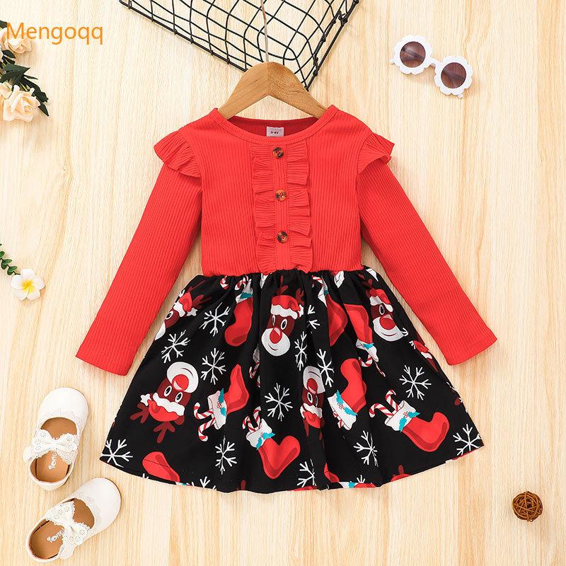 

Girl's Dresses Christmas Children Girls Long Sleeve Ruched Patchwork Print Knee-length Dress XMAS Kids Baby Clothes 18M-6Y