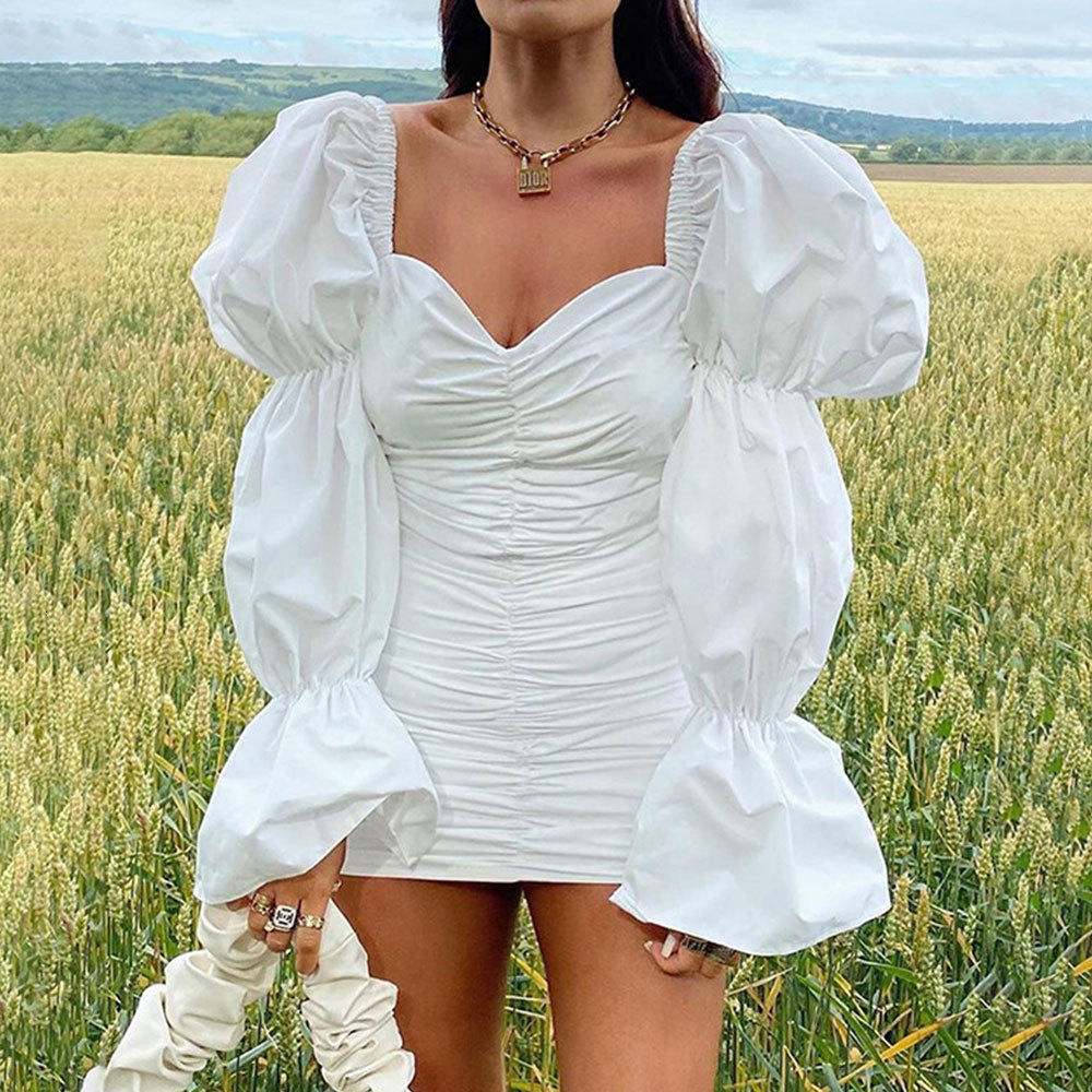 

2021 New Chic v Neck White Mini Women Elegant Long Sleeve Off Shoulder Pleated Bodycon Casual Short Ciax, As photo