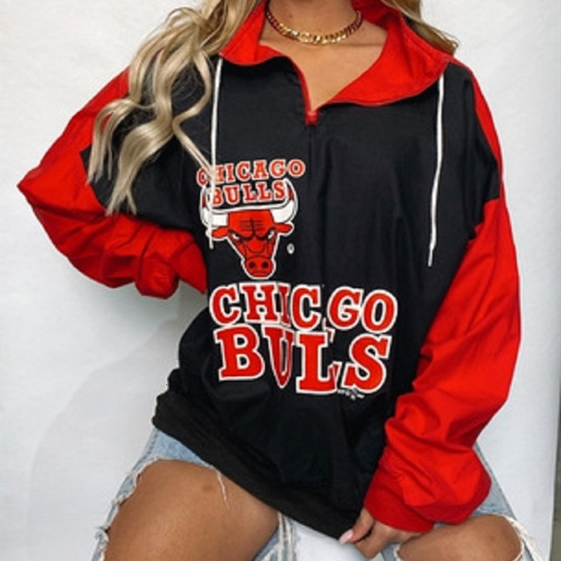 

2021 Black Red Letter Print Sport Casual Sweatshirt Women Vintage Brand Design Zip Up Collar Loose Oversized Fashion Girls Plus Size Whpa
