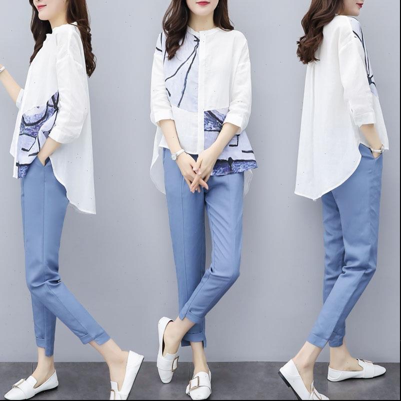 

office suit set asymmetrical womenpant print shirts irregular long summer casual costumes 2 piece sets tz95, White