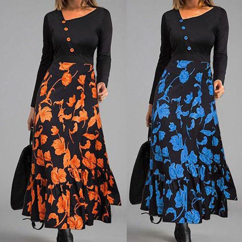 

Casual Dresses #S0 Vintage Long Dress Women Fashion Floral Printed Sleeve L Pocket Maxi Elegant Party Vestidos Robe Femme, Black;gray