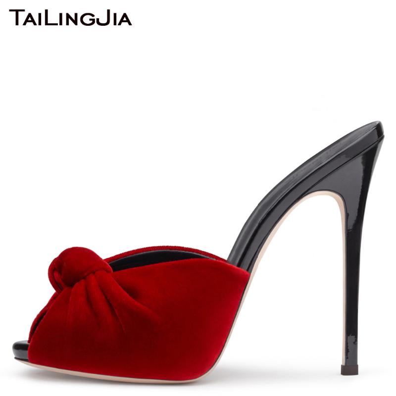 

Sandals Women's Red Velvet Knot Mules Summer Party Evening Dress Heels Ladies 2022 Elegant Large Size High Heel Peep Toe Shoes, Black