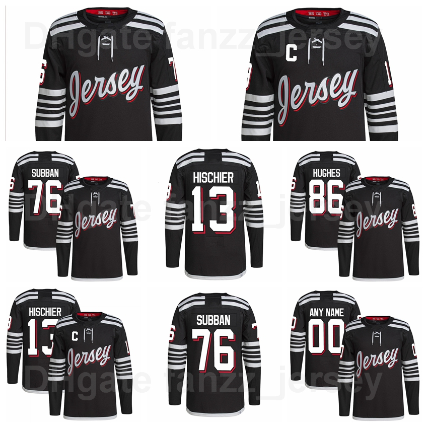 

21-22 New Jersey Devils 86 Jack Hughes Black Jersey Alternate Hockey 30 Martin Brodeur 18 Dawson Mercer 13 Nico Hischier 76 PK Subban 9 Taylor Hall Reverse Retro Blank