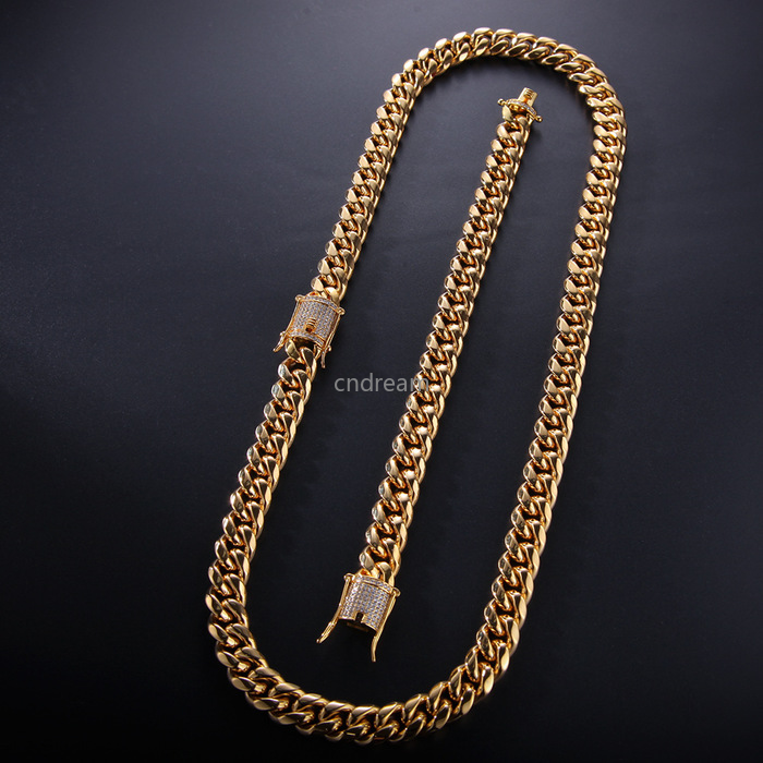 

Bling Crystal Zircon Stainless Steel Cuban Chain Gold Diamond Link Bracelet Necklaces for Men Nightclub Hip Hop Fashion Jewelry Will and Sandy