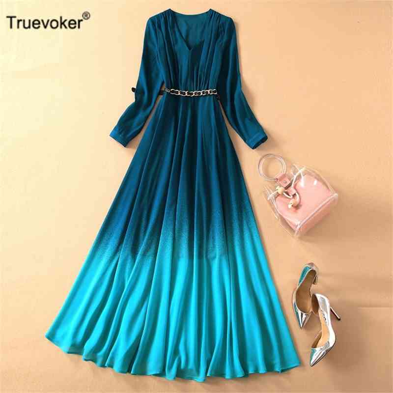 

Truevoker Women Runway Trends Full Sleeve V-neck Gradient Color Print Maxi Long Prom Dress Mujer Vestidos Fashion Robe 210602, Multi