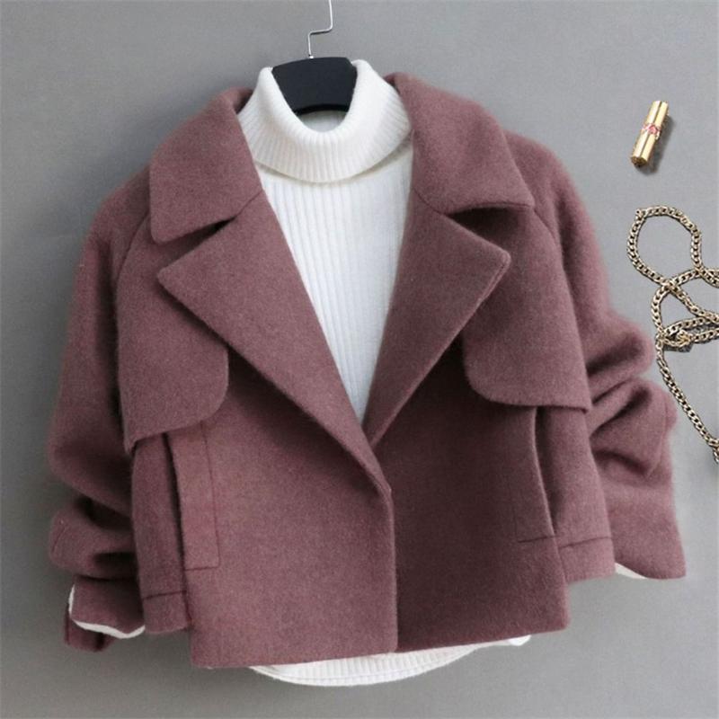 

Women's Wool & Blends 2022 Elegant Woolen Coat Turn-Down Collar Women Winter Single Button Coats Fashion Solid Outwear Lady Short Jacket Rop, Black