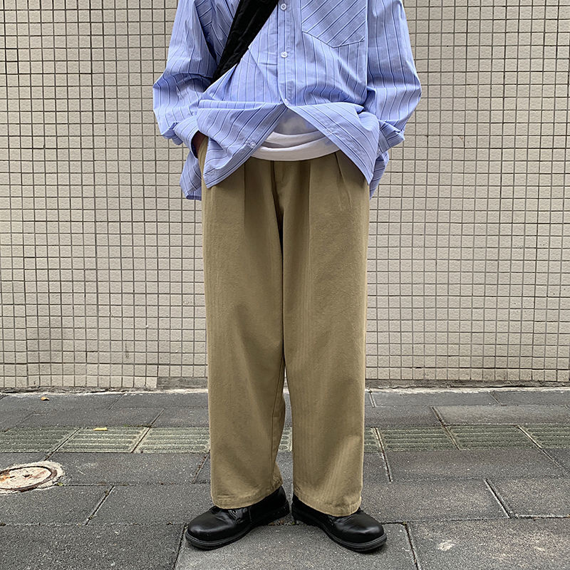 

2021 New Spring Cotton Wide-leg Men's Fashion Retro Casual Men Streetwear Korean Loose Hip-hop Straight Pants Mens Trousers Hwg6, Khaki