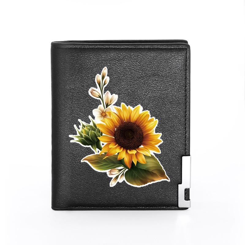 

Wallets Fashion Sunflower With Leaves Leather Wallet Men Women Billfold Slim /ID Holders Money Bag Short Purses, Black