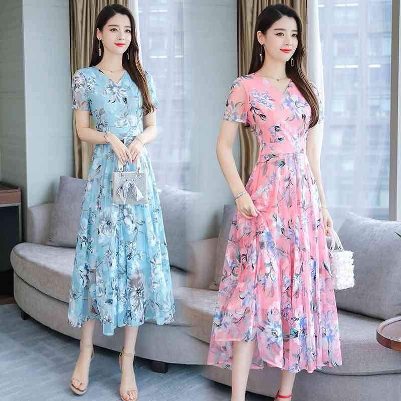 

2021 summer new print large dress long swing Bohemian beach skirt, Pink