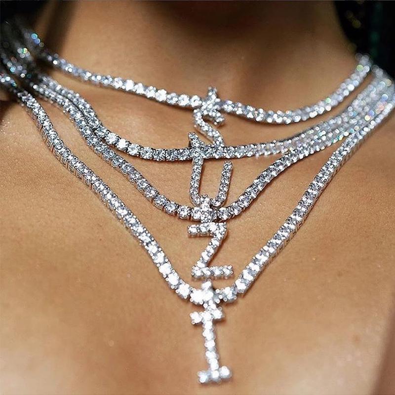 

Chains 26 Letter Initial Silver Color Tennis Choker Necklace For Women Crystal Chain Alphabet Charms Female Rhinestone Collares Jewely