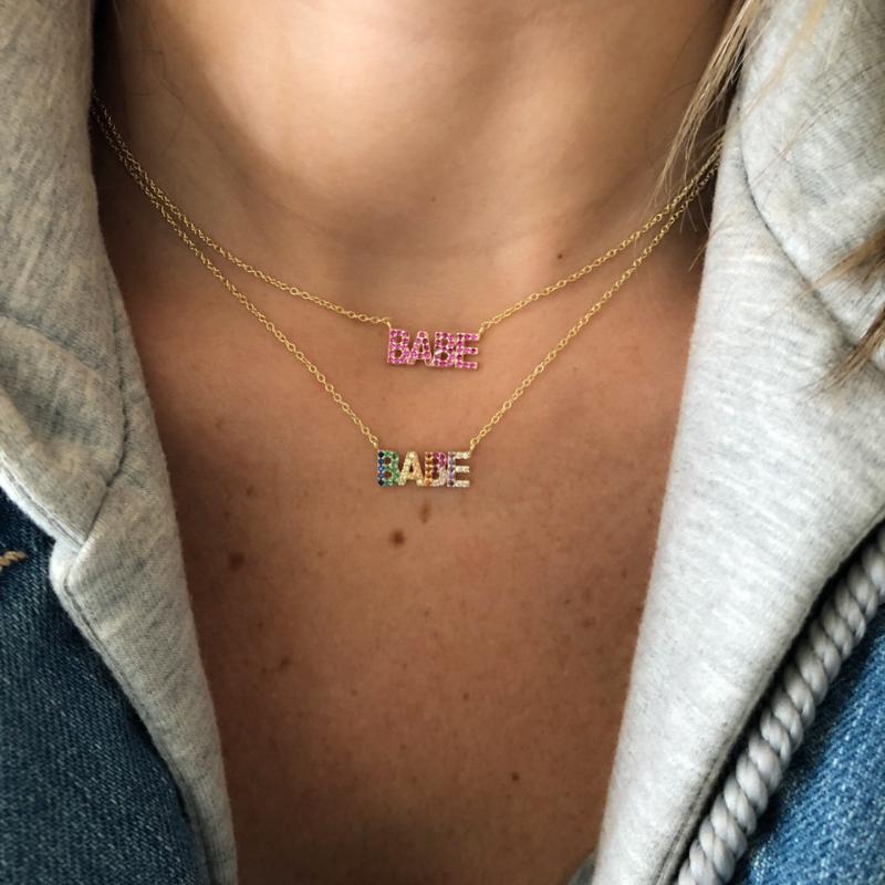

Chains Rainbow Cz Pastel BABE Letter Necklace Delicate Fashion 925 Sterling Silver Collar Chain Jewelry