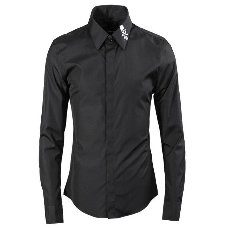 

Men's Casual Shirts Mens Luxury Skull Embroidery Long Sleeve Dress Plus Size 4xl Fashion Cotton Man, White;black