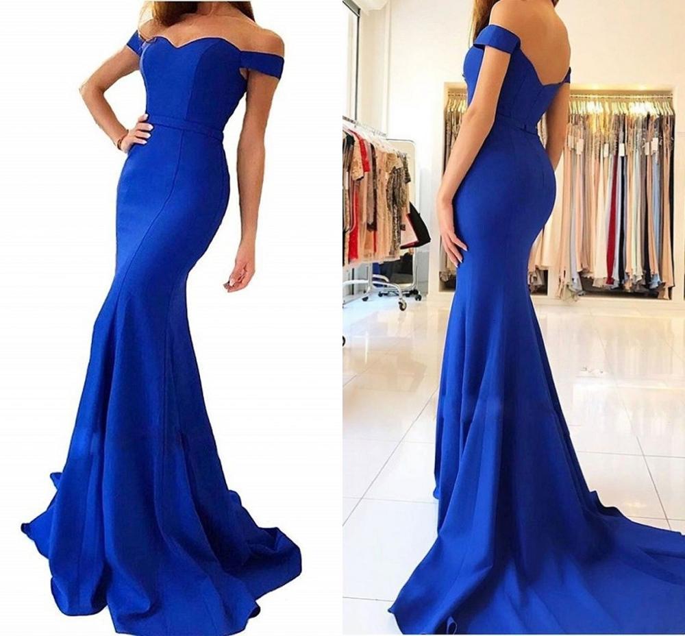 

2021 New Royal Blue Off Shoulder Mermaid Evening Long Sweep Train Simple Prom Party Es Vestidos De Fiesta Cheap Tfk3, White