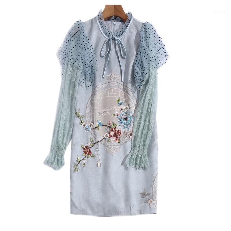 

Casual Dresses High-Quality Fashion Spring Women' Holiday Party Jacquard Print Gorgeous Handmade Beading Polka Dot Mesh Ruffle Mini Dress, Sky blue