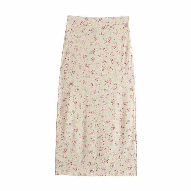 

Women Vintage Floral Printed Satin Midi Skirt High-waist Side zip slit Elegant Chic Lady Long skirts Woman jupe 210709