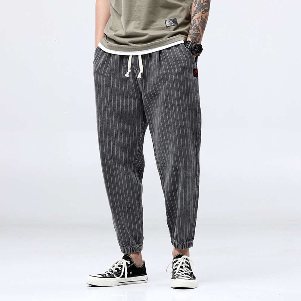 

Autumn pants men's Capris show thin stripes men's loose legged big size fat casual jeans Harem Pants, Blue