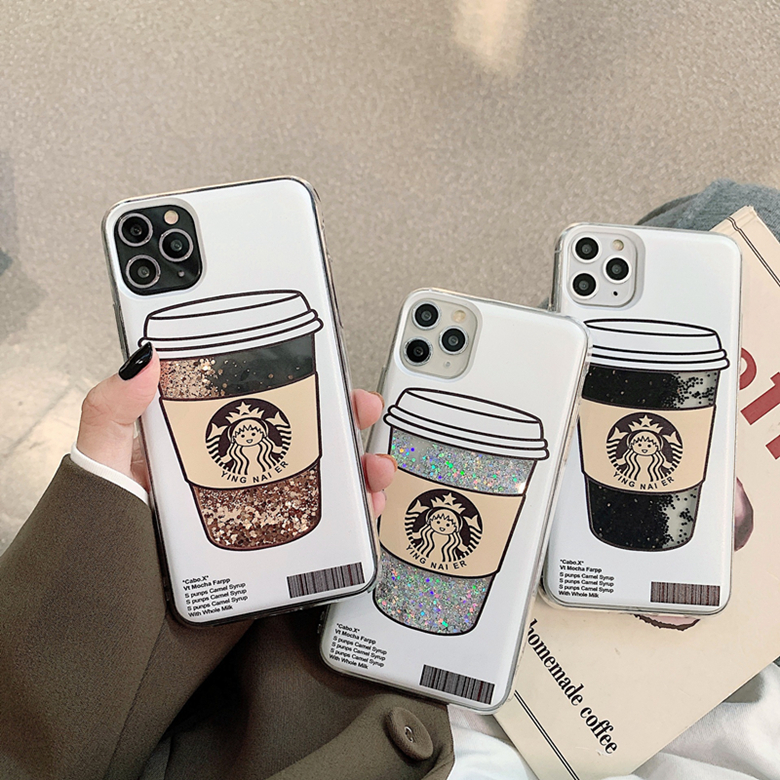 

Cute Cartoon Glitter Dynamic Liquid Quicksand Coffee Cup Back Cover for iPhone 12 Mini 11 Pro XS Max XR 6s 8 Plus SE2020, Silver