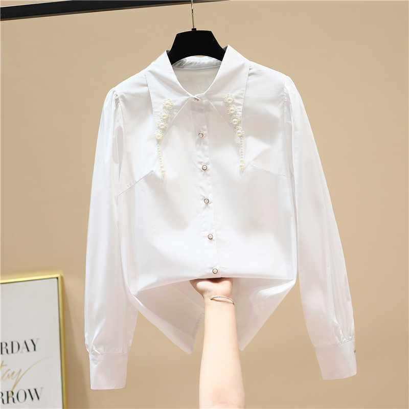 

Spring Beading White Full Turn Down Collar Shirt Office Lady Womens Tops 210615