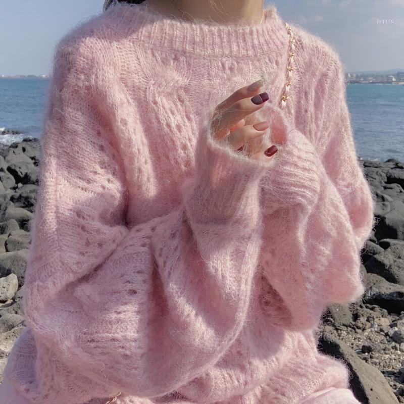 

Women's Sweaters White Chic Mohair Pullover Sweater Autumn 2021 Long Sleeve Hollow Out O-neck Casual Pullovers Women Jumper Sweet, Pink