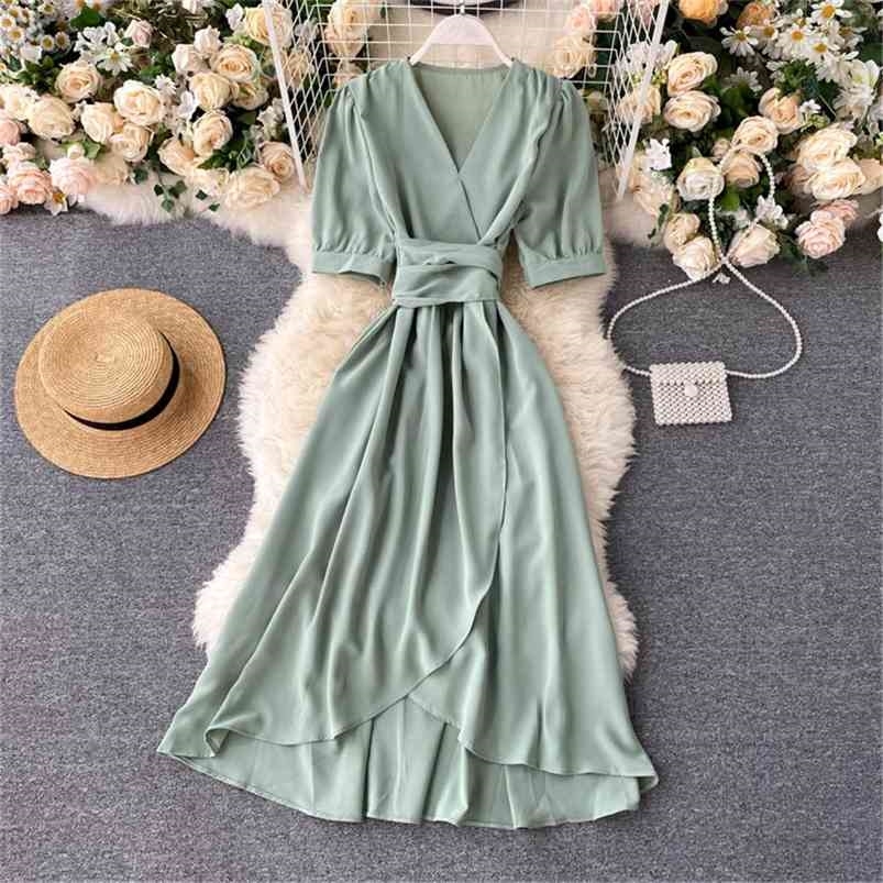 

Women Summer Midi French Dress Sweet V-Neck Puff Sleeve High Waist Elegant Woman Dresses Female Clothing Year Atopos 210701, Sling dress