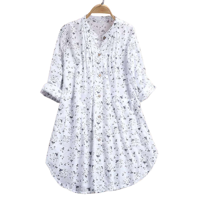

2021 New Summer Floral Print Blouse Sleeve V-neck Top Elegant Work Plus Size Long Shirt Streetwear Women Clothes Lc71, White
