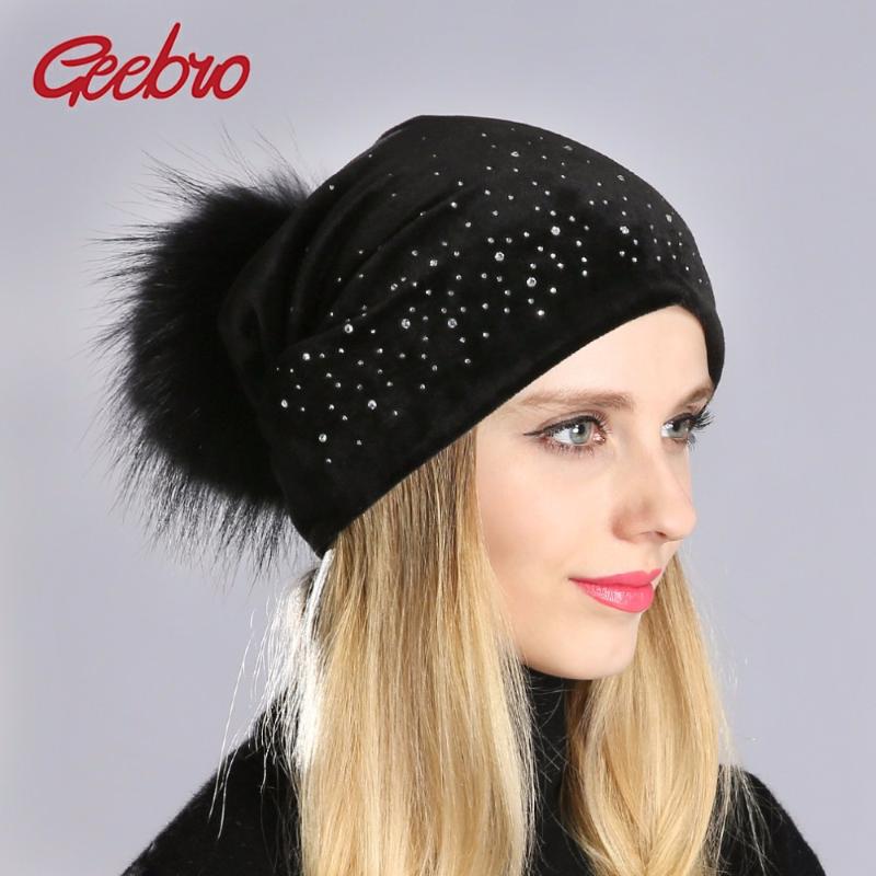 

beanie/skull caps geebro girls beanies with real raccoon pom and neck scarf casual velvet rhinestones hats women winter warm solid color, Blue;gray