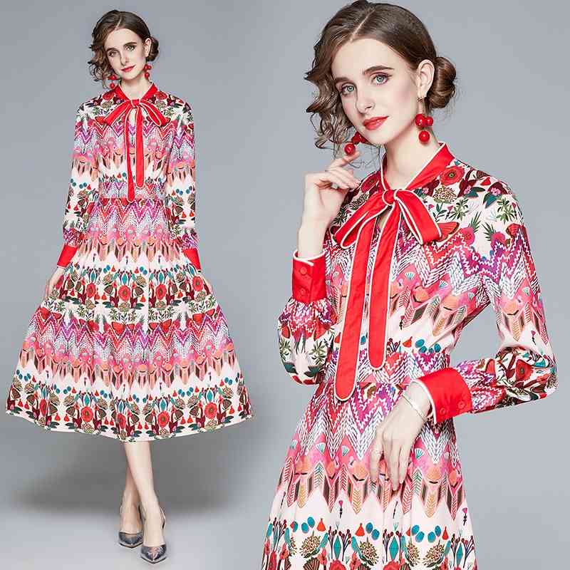 

Banulin Fashion Designer Autumn Pink Dress Women Long sleeve Bow Neck Butterflies Floral Print Vintage Female Midi 210603