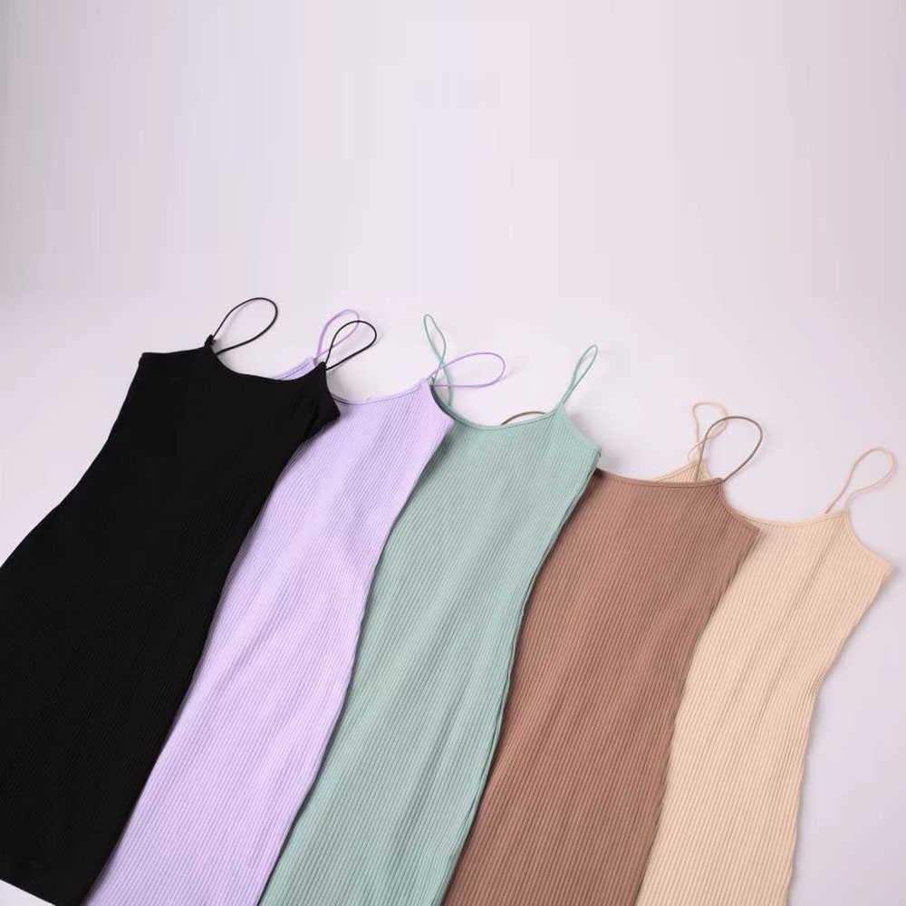 

Sexy AA Style Brandy Melville Spaghetti Strap O-Neck Rubber Bodycon Slim Sheath Packege Hips Mini Dress Trendy Women 5 Colors Y0603