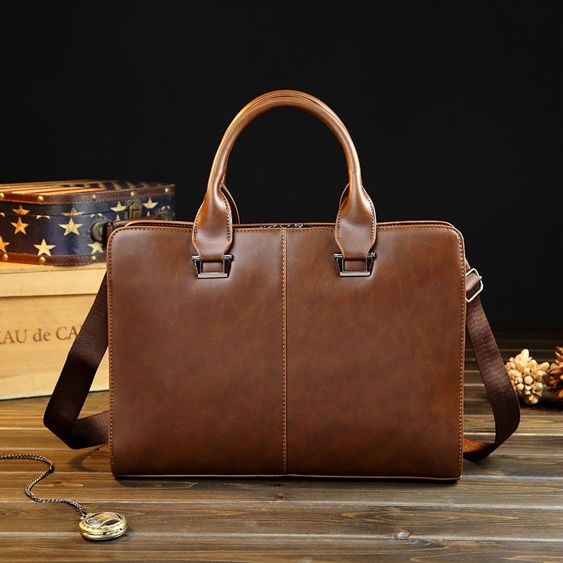 

2019 new hand Crazy Horse PU men's briefcase personalized business bag classic One Shoulder Messenger, Brown