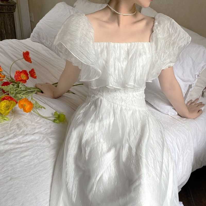 

French Elegant Long White Dres Vintage Slim Chic Prom Female Casual Evening Beach Designer Korean Style 210604