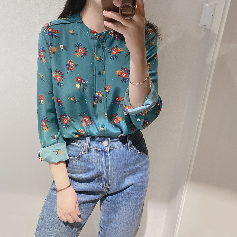 

2021 New Incio Da Primavera Nova Blusa Feminina Retro Impresso Verde Bela Cor De Seda Macia Longo-mangas Compridas Camisa Das Senhoras Topo, Black