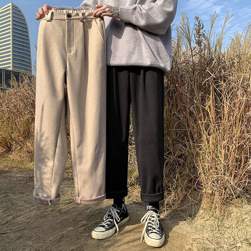 

2021 New Autumn Winter Woolen Men' Fashion Solid Color Casual Wide-leg Pants Men Streetwear Straight Trousers Mens 9nrs, Black