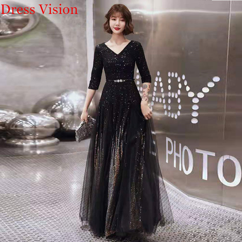 

2021 2021evening Es V-neck Sequin Robe De Soiree Women Party Gowns Dahc, Black