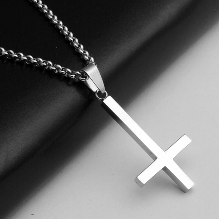 Titanium Steel Inverted Cross Religion Pendant Necklace 23" Beads Chain Jewelry-image-727295444