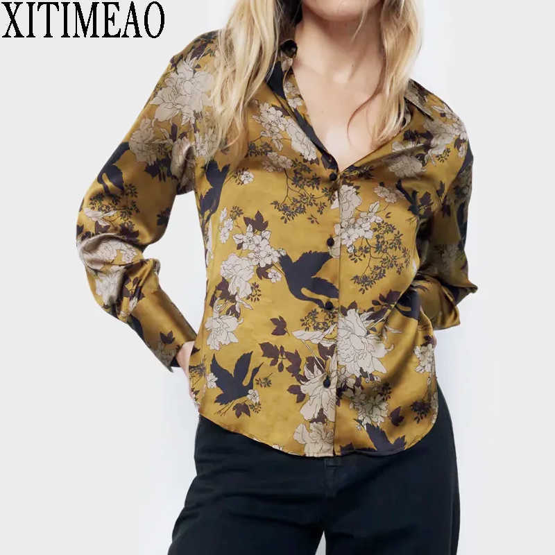 

ZA Fashion Retro Floral printing Lapel Blouse Women Elegant Loose Long Sleeve Shirts Casual Chic Tops XITIMEAO 210602, As picture