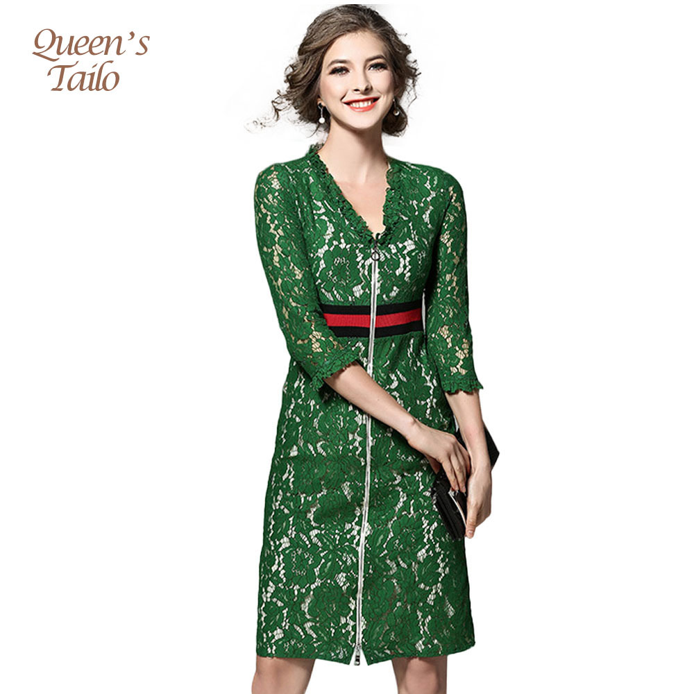 

Solid Green Runway Woman Dress 2017 Spring Midi Pencil Dress Woman OL Work Lace Robe Femme q170661