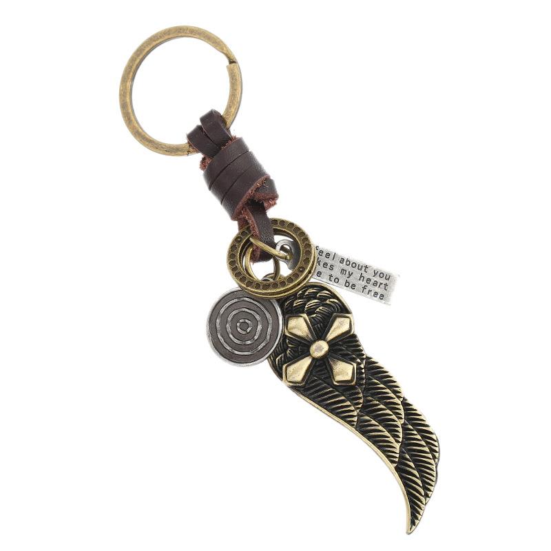 

Keychains Fashion Metal Wing Keychain Vintage Cross Pendant Braided Leather Car Key Ring Retro Bag Accessories Women Men Punk Jewelry Gift