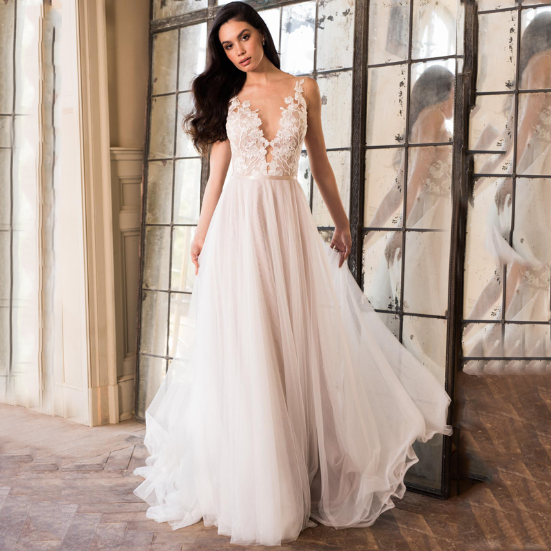 

V-Neck Sheer Neck Lace Appliques Button A-Line Tulle Wedding Dress Destinaiton Bridal Gowns robes de mariee, White