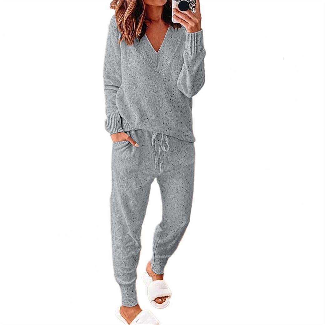 

knitted set autumn winter woolen womenpant and cashmere suit v neck sweater tracksuit women hoodies two piece knit, White