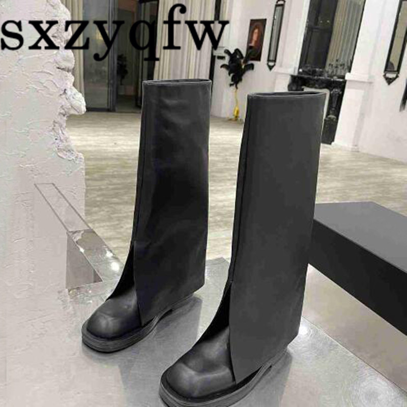 

Autumn 2021 Retro Pant Boots Covered Heel Knee High Boots Women Knight Boots Black Leather Sexy Ladies Flat Gladiator Bootie