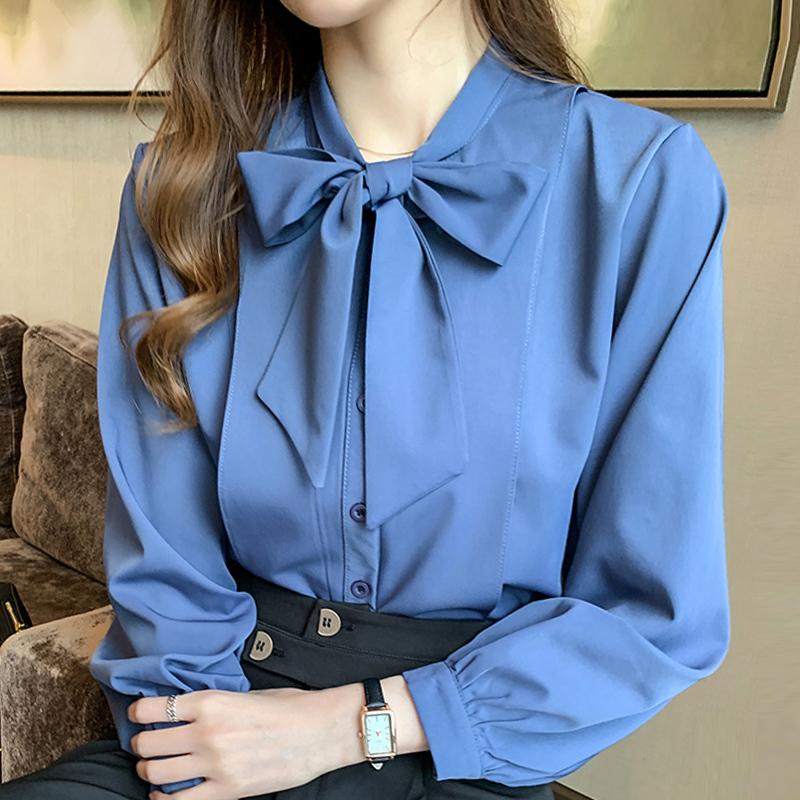 

Blusas Mujer De Moda 2021 Blouse Women Bow V-neck Office Blouse For Women Long Sleeve Chiffon Shirt Blouses D400, White