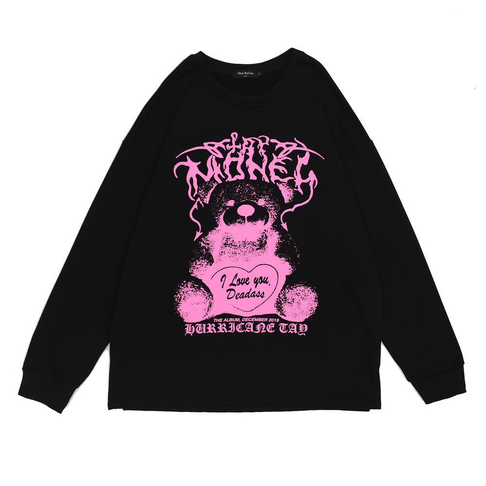 

Sweatshirts Cartoon Bear printed sweater mens American fashion brand loose round neck long sleeve BF languid trend Pullover Hoodie, White