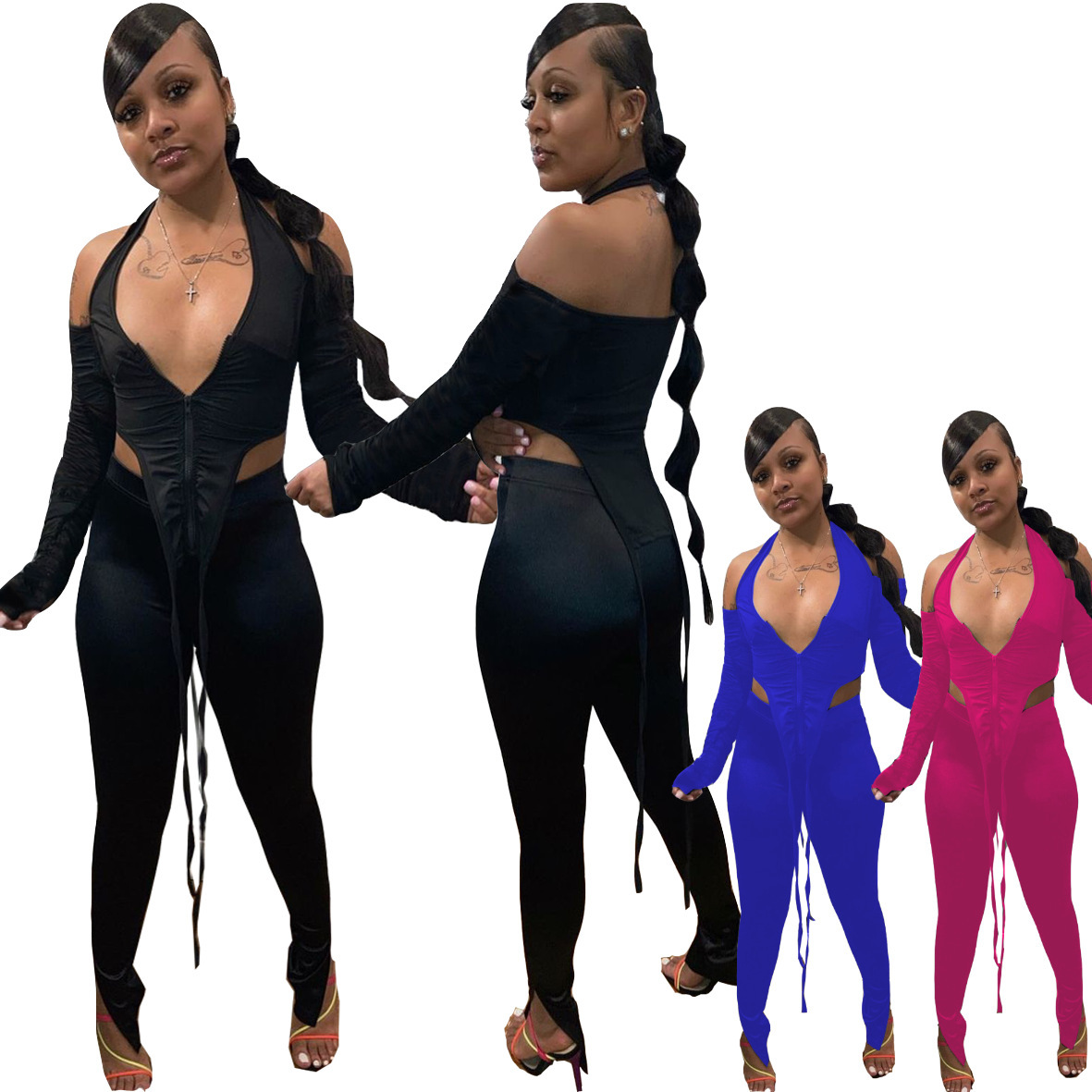 

2021 New fashion women's Solid color hanging neck off shoulder zipper cardigan off back Slim Fit two piece sets Long sleeve trousers Suits, Black