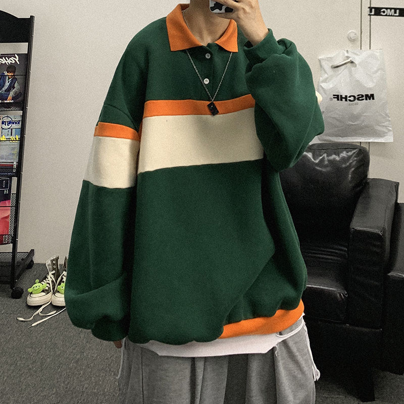 

2021 New Autumn Korean Hoodie Men's Fashion Hit Color Casual Cotton Pullover Hoodies Men Streetwear Loose Hip-hop Lapel Sweatshirt Mens Nnvr, Green