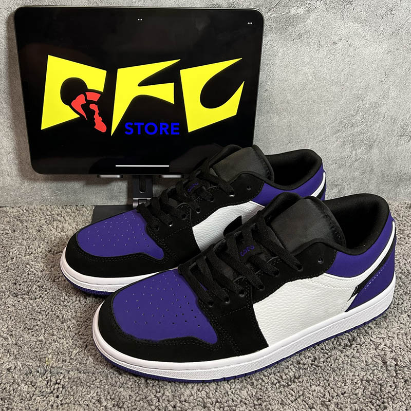 

Pairs 1s Basketball Shoes Low 1 Womens Mens UNC University Gold Obsidian Laser Blue Smoke Grey Banned Bred Black Toe Varsity Red Court Purple Pine Green Sneakers, Shown