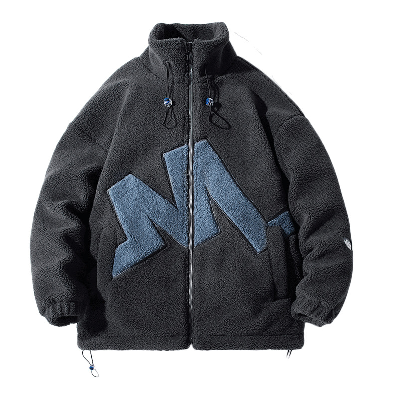 

Designer Mens Winter Casual Jackets Drawstring Letter Matching Color Warm Lamb Velvet Loose Jacket for Men Hip Hop Zipper Male Motorcycle Coats Outwear Plus Size 4XL, Black
