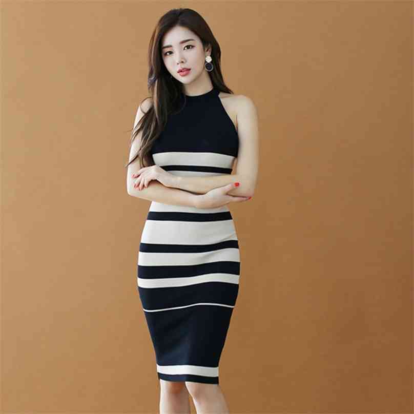 

Stripe dress Korean ladies Summer Sleeveless bodycon sheath party Sexy Nigh club Midi Dresses sundress for women 210602, Black apricot