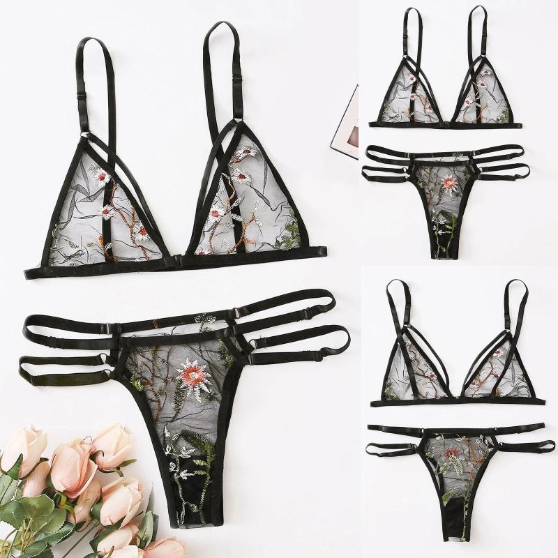 

Bras Sets Women's Lingerie Set Embroidered Floral Lace Underwear V-neck Bra And Sexy Underpants Bralette Sleepwear Accessories, Red;black