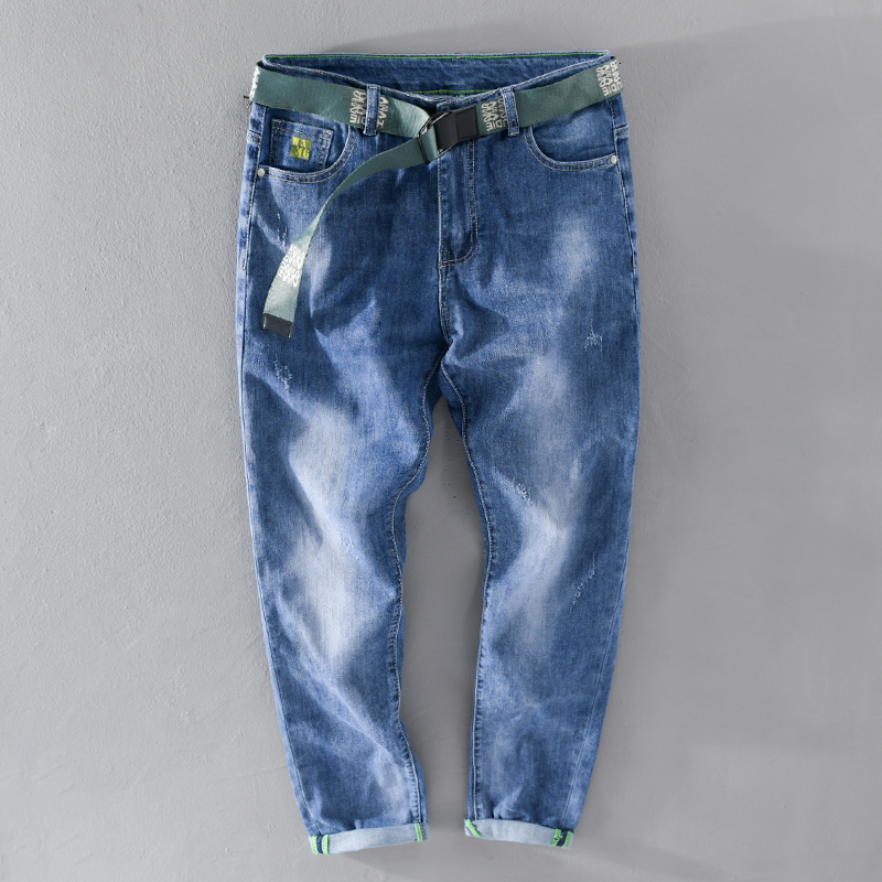 

2021 Spring Cotton Style Ankle-length Strech with Belt Male Jeans Casual Wear Pants for Comfortable Man Spodnie Rheb, Blue (with belt)